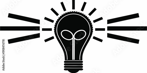 Black and white illustration of a glowing light bulb with radiating lines