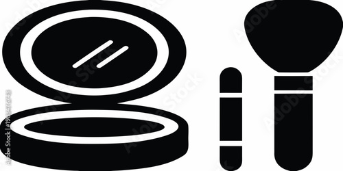 Black and white illustration of makeup compact and brushes
