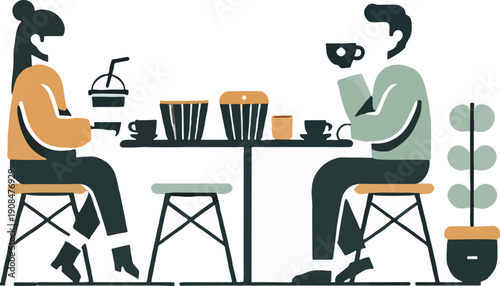 Couple Enjoying Coffee and Pastries at a Cafe illustration
