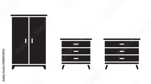Black bedroom furniture set in modern minimalist style with simple lines and white accents on isolated white background for interior design