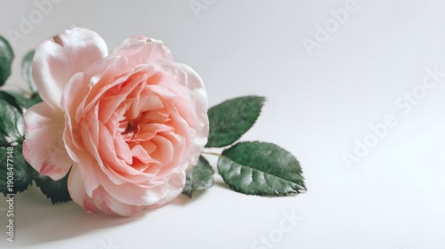 Delicate Pink Rose with Lush Green Leaves on a Soft White Background.