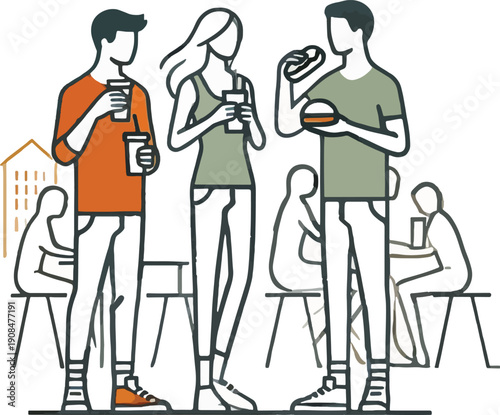 Friends Socializing and Eating at an Outdoor Cafe vector