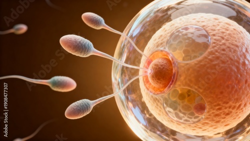 Sperm cells fertilizing egg, human reproduction concept