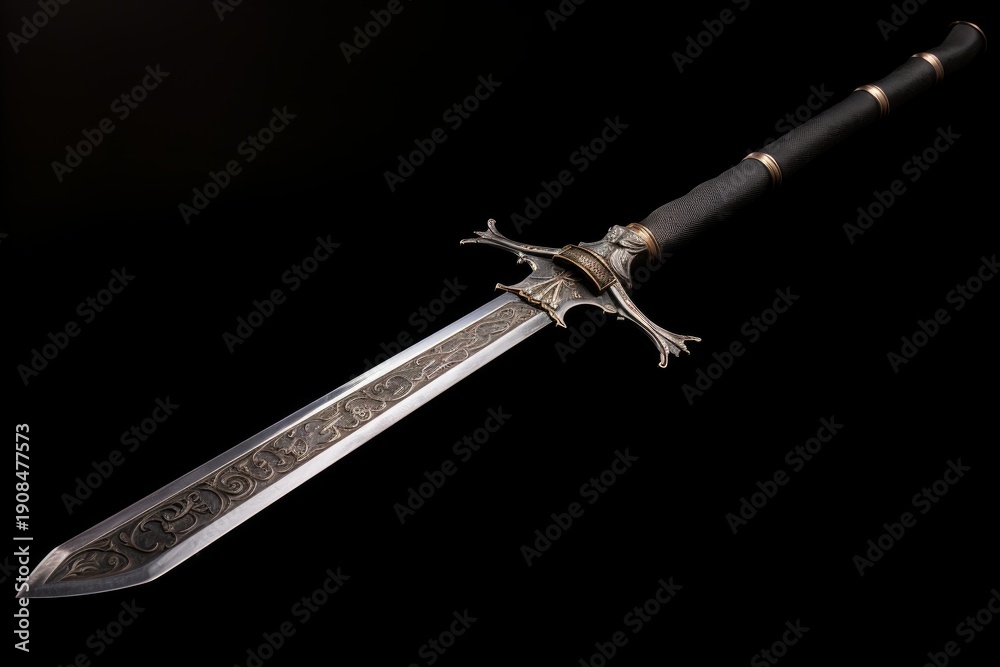 Naklejka premium Fantasy short sword featuring an intricately engraved steel blade and detailed handle on a black background