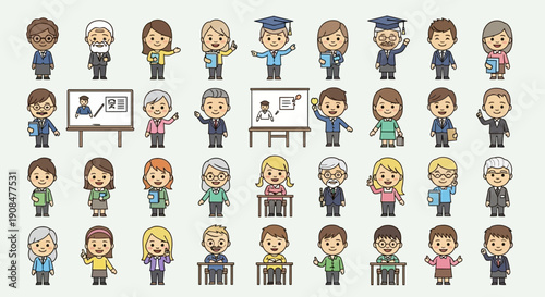 Set of diverse business people characters in various professional and casual poses.