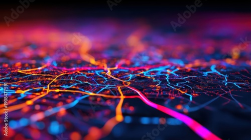 A vibrant, abstract representation of a city map illuminated by colorful lines, suggesting roads and pathways in a futuristic style.
