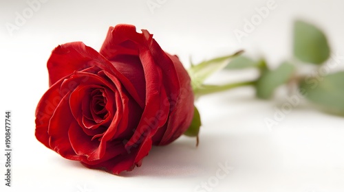 A Single Red Rose with Green Stem and Leaves on a White Background.