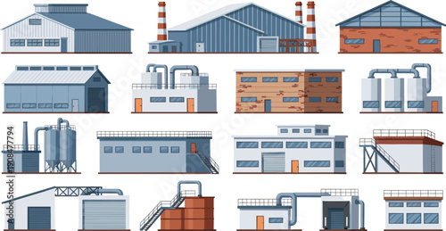 Industrial Factory Building Exterior Set with Warehouses, Manufacturing Plants, Chimneys, Pipes, Silos, and Industrial Architecture Cartoon Vector Illustration
