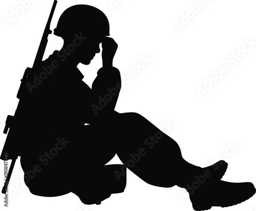 Silhouette of resting soldier with rifle, modern military concept showing fatigue, duty, sacrifice, battlefield stress, isolated vector illustration design icon
