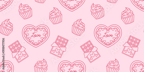 Seamless Valentine pattern with outline cupcakes, chocolate bars and heart candies on pink background. Cute romantic vector design for wrapping, textiles, stationery, packaging, prints, festive decor.