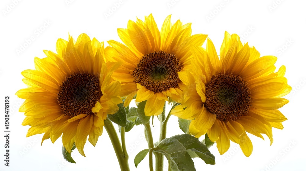 Obraz premium Three Bright Yellow Sunflowers Blooming Against a White Background.
