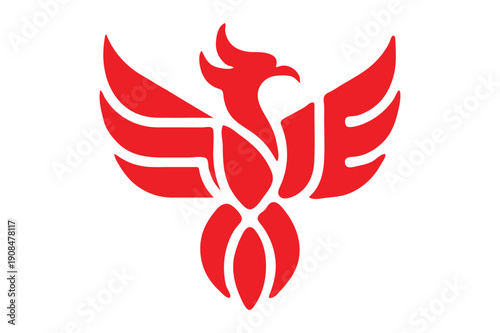 Red phoenix emblem with stylized wings and tail feathers Vector, illustration