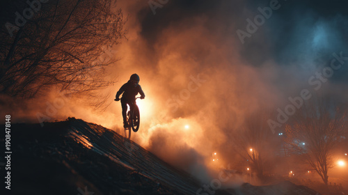 Dramatic outdoor scene capturing a silhouette of a cyclist against a fiery landscape with smoke, flames, and intense atmospheric effects during dusk