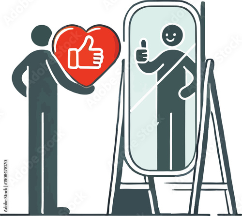 Person holding a heart with a thumbs up to their reflection Keywords: self-love, self-esteem