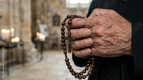 Close up of an elderly man with wrinkled hands wearing a black cassock holding a wooden rosary with a crucifix inside a blurred church with lit candles