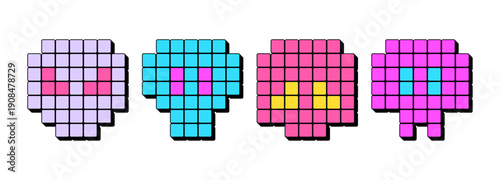 Pixel skull icon set. 3d skull face in pixel art style, retro game icon. Death face and danger, game skull emoticon, gaming digital emoji. Arcade design, vector set