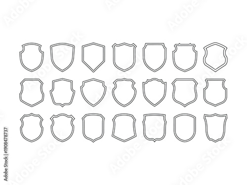 Collection of 24 varied shield outline shapes for emblems, badges, and crest designs