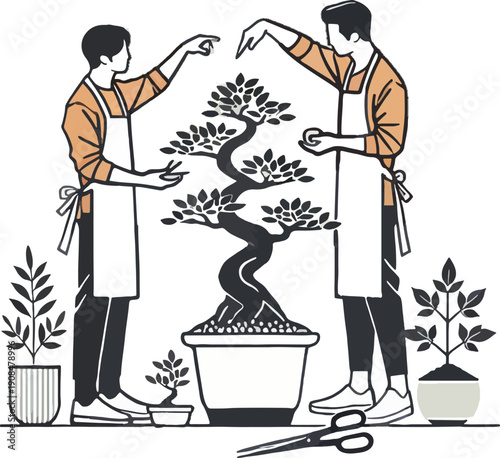 Two men pruning a bonsai tree with scissors gardening