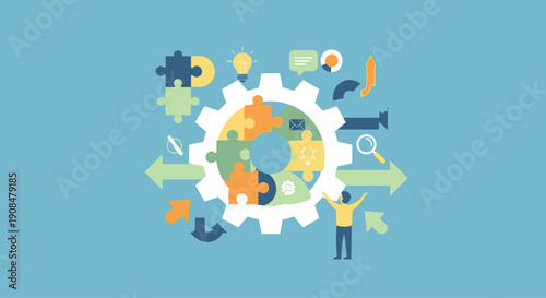 Conceptual illustration of teamwork and problem solving with puzzle pieces and gears.