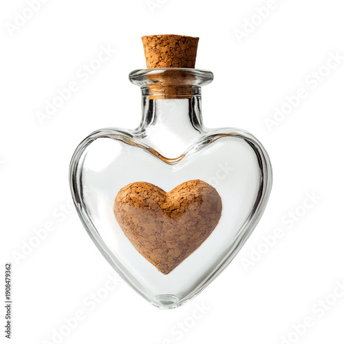 A small, heart-shaped glass with a cork stopper, isolated on a transparent background.