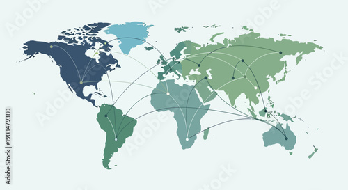 Global network connections illustrated on world map with communication lines.