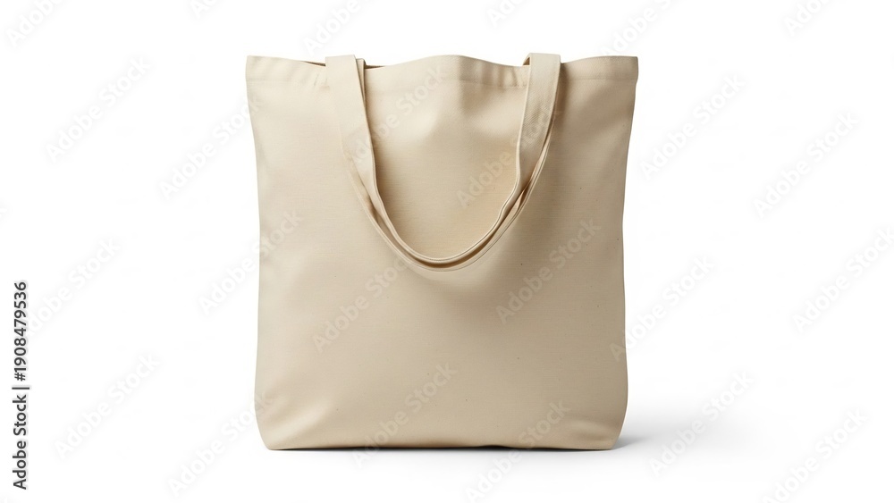 Obraz premium Simple beige canvas tote bag isolated on white background, perfect for shopping and carrying items.