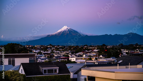 Plymouth and Mount Taranaki at Dusk, New Zealand