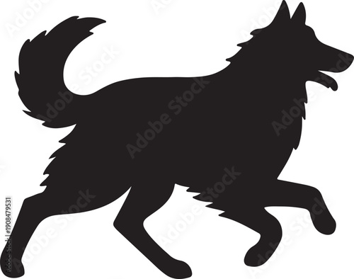 A sleek black silhouette of a running dog possibly a shepherd breed