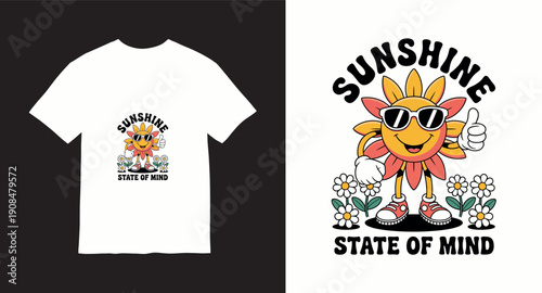 Retro mascot sunshine state of mind t-shirt design with smiling sun character wearing sunglasses and sneakers in garden