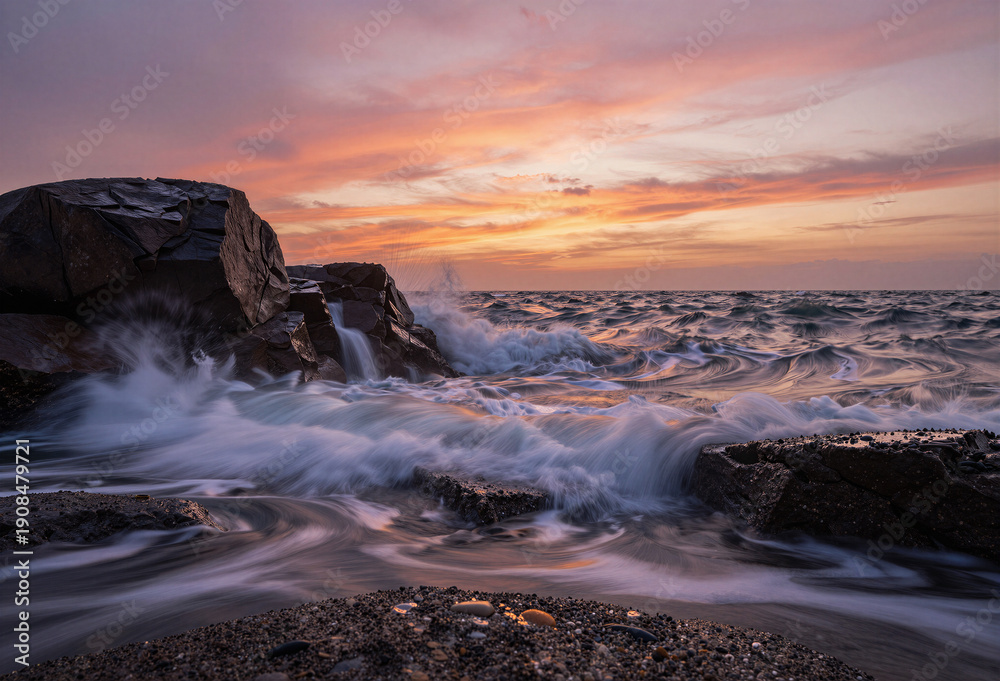 Fototapeta premium Dramatic sunset waves crashing against rugged coastal rocks