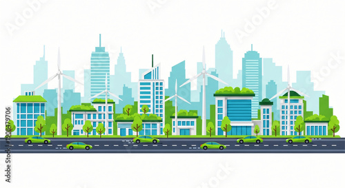A vector illustration of a modern city skyline cityscape featuring skyscrapers and urban architecture downtown