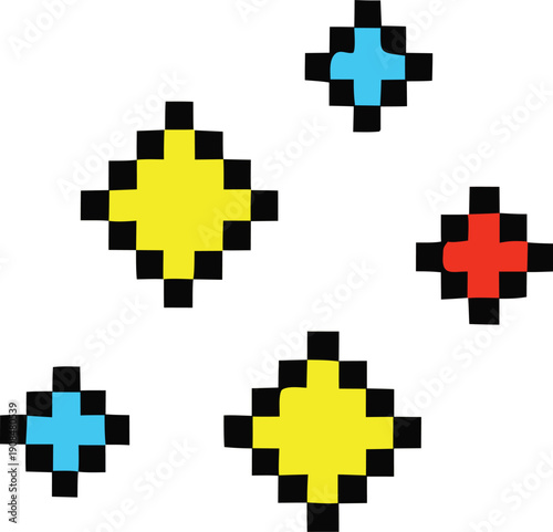 Pixel art neon shopping tags with pixel sparkles