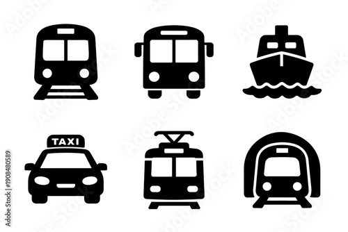 Public transport icon collection in black. Set of train, bus, ship, taxi, tram and subway icons