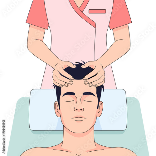 Man receiving a scalp massage from a therapist in a spa setting  