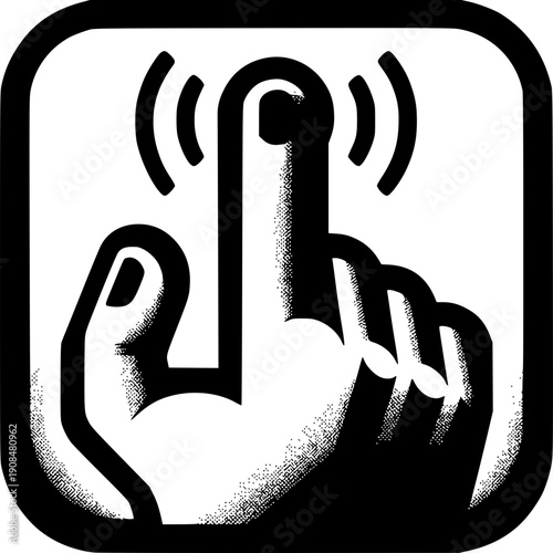 Digital Interaction: A graphical depiction showcases a finger pointing towards a touch surface, suggesting the act of digital interaction and technological command.