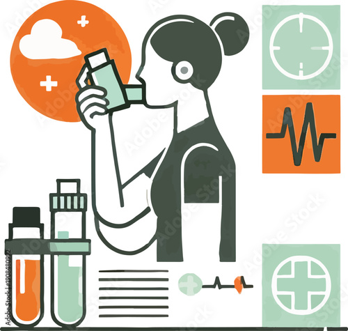 Woman using asthma inhaler with medical symbols health