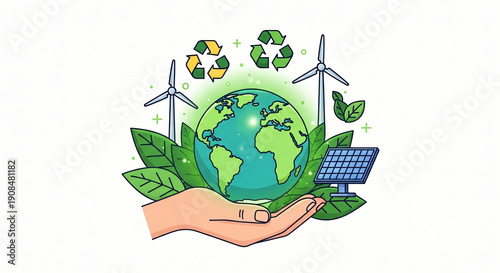 A conceptual illustration of hands holding a green globe to represent nature care and environmental ecology
