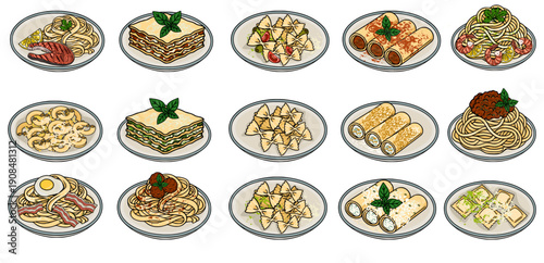 Set of delicious Italian pasta dishes vector illustration, including lasagna, spaghetti, ravioli, cannelloni, and farfalle, presented on plates with garnishes and ingredients.