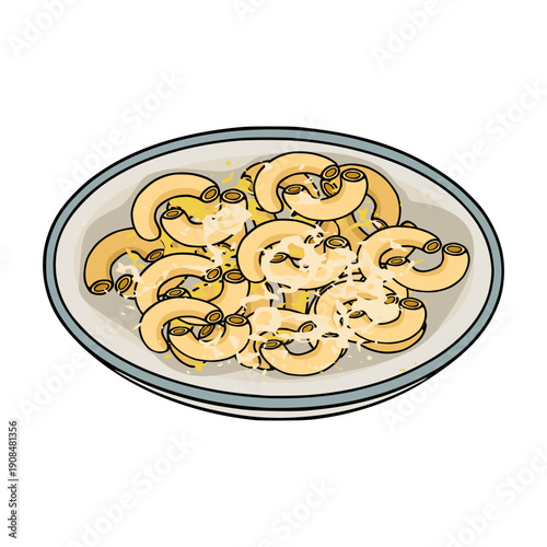 Vector illustration of delicious elbow macaroni pasta with melted cheese in a bowl