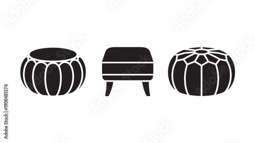 Pouf Ottomans in Modern Minimalist Black Silhouette on White Background for Furniture Design