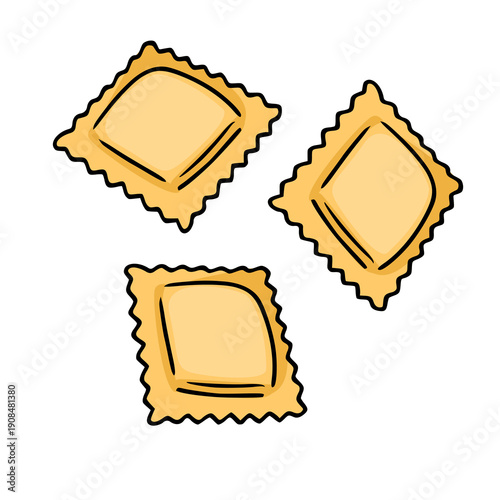 Adorable vector illustration of three golden ravioli pasta shapes with a playful, hand-drawn style.