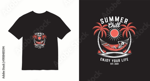 Summer chill enjoy your life t-shirt design with skeleton in hammock under palm trees at beach
