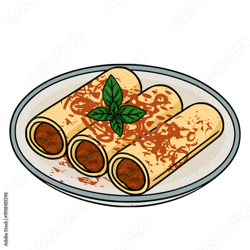 Vector illustration of three delicious cannelloni pasta tubes with rich meat sauce and grated cheese, garnished with fresh basil leaves on a plate.