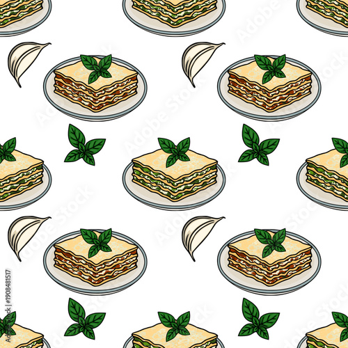 Seamless vector pattern of delicious lasagna slices and fresh basil leaves, Italian food illustration