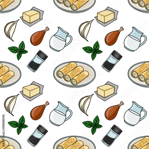 Seamless vector pattern of delicious food ingredients and dishes including stuffed cannelloni, chicken drumstick, butter, milk, garlic, basil, and pepper shaker.