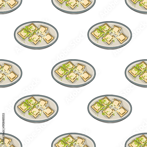 Seamless vector pattern of delicious ravioli with grated cheese and herbs on plates