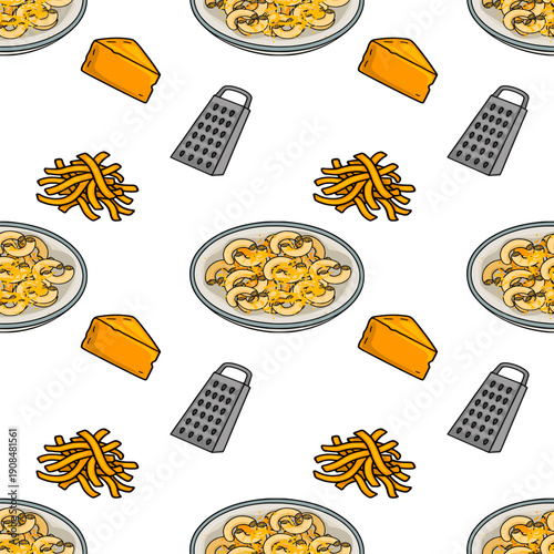 Macaroni and cheese preparation vector seamless pattern with cheese block and grater