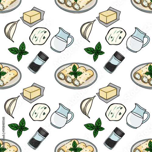 Seamless vector pattern of delicious cannelloni with cheese filling, butter, garlic, basil, milk, and pepper grinder
