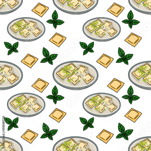 Seamless vector pattern of delicious ravioli with cheese and basil, Italian food illustration