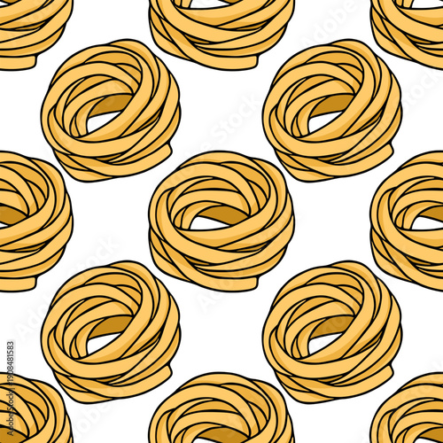 Seamless vector pattern of golden fettuccine pasta nests, perfect for food backgrounds and Italian cuisine designs